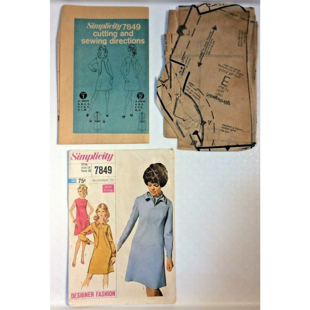 Vintage 1968 Simplicity Sewing Pattern Misses A-Line Dress Size 12 #7849